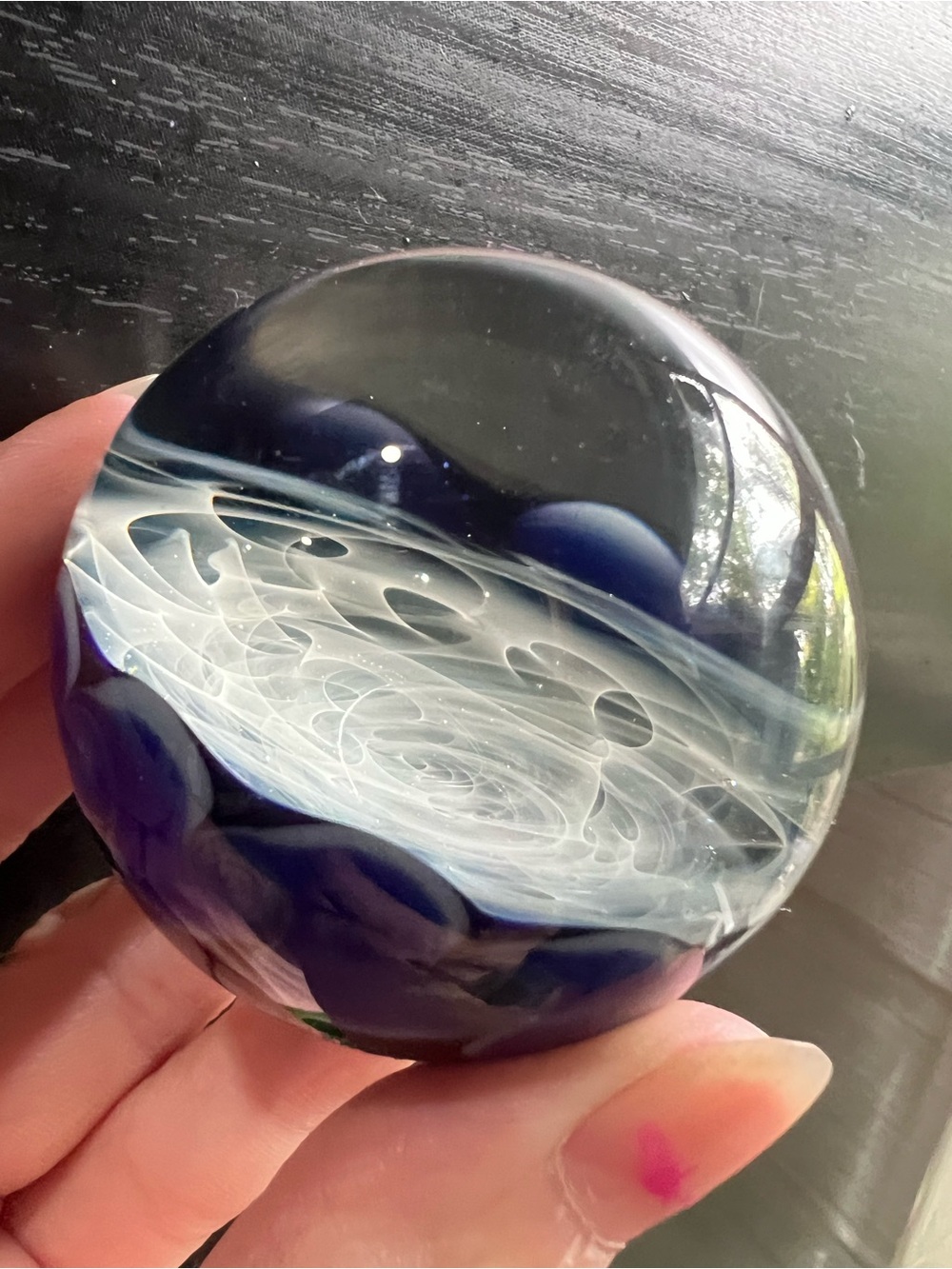 Handcrafted Blue and White Glass Decorative Glass Art Orb Like New